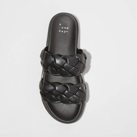 A New Day Size 7.5 Sage Black Braided Faux Leather Platform Slip On Sandals - Picture 1 of 5